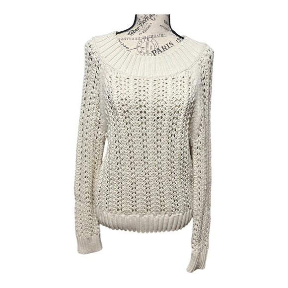 J.Crew Pointelle Knit Sweater Ivory Round Neck Ribbed Trim Small - Picture 3 of 8